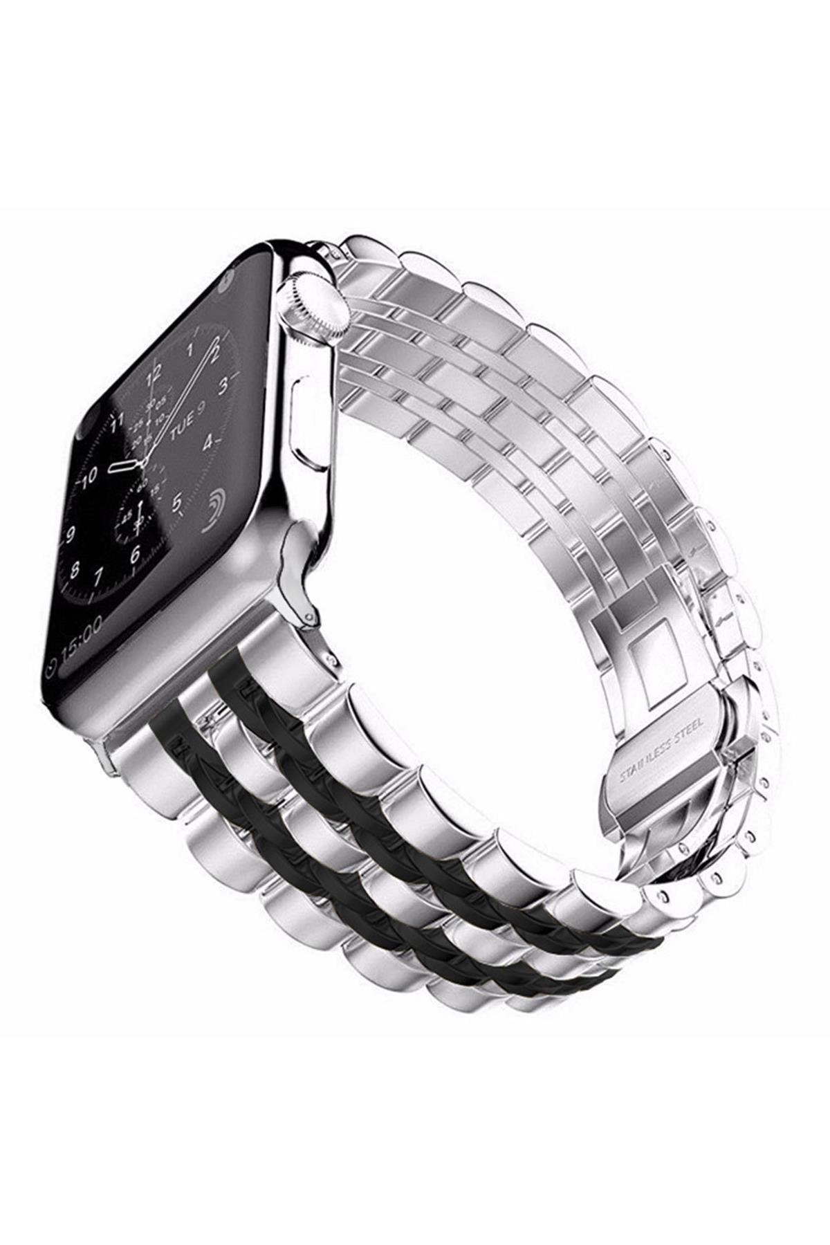 Apple Watch Uyumlu Klasik Jubile Çelik Kordon Gümüş/Siyah