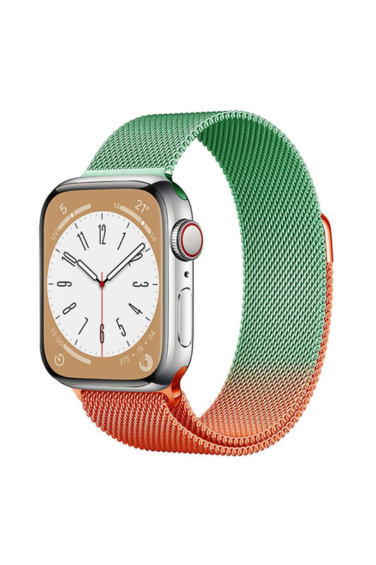 Apple Watch Uyumlu Milano Loop Çelik Hasır Kordon Yeşil/Turuncu