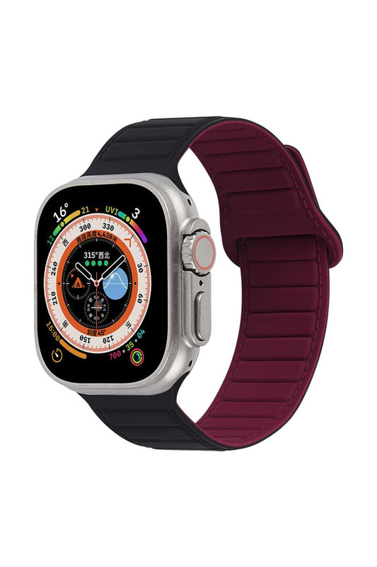 Apple Watch Uyumlu Ultra Manyetik Silikon Kordon Siyah/Bordo