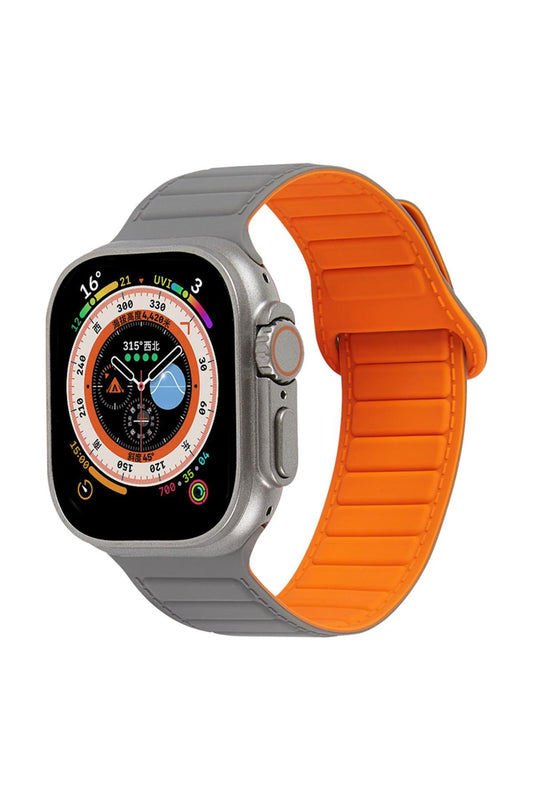 Apple Watch Uyumlu Ultra Manyetik Silikon Kordon Gri/Turuncu