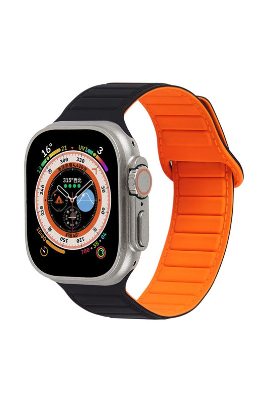 Apple Watch Uyumlu Ultra Manyetik Silikon Kordon Siyah/Turuncu