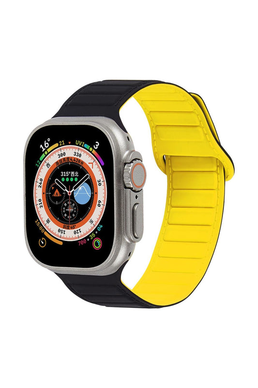 Apple Watch Uyumlu Ultra Manyetik Silikon Kordon Siyah/Sarı