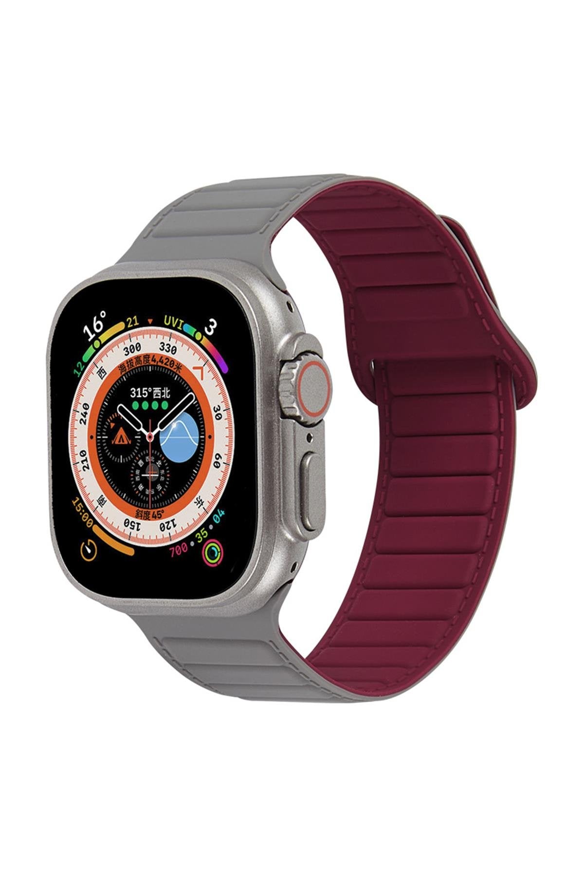 Apple Watch Uyumlu Ultra Manyetik Silikon Kordon Gri/Bordo